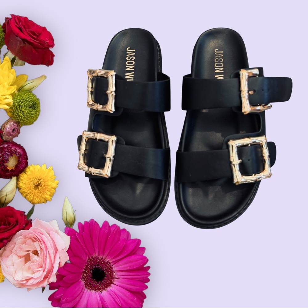 Jason Wu Black & Gold Marzan Slide Sandals with Gold Buckles - Picture 15 of 15